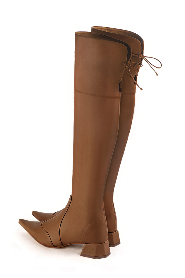 Caramel brown women's leather thigh-high boots. Pointed toe. Low flare heels. Made to measure. Rear view - Florence KOOIJMAN
